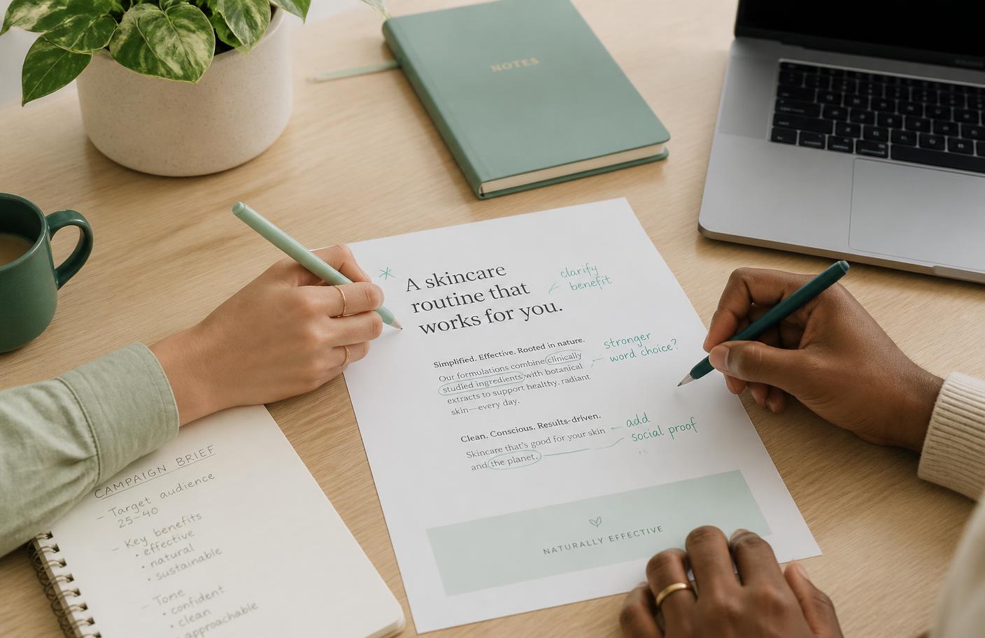Two people annotating a printed campaign brief on a studio desk