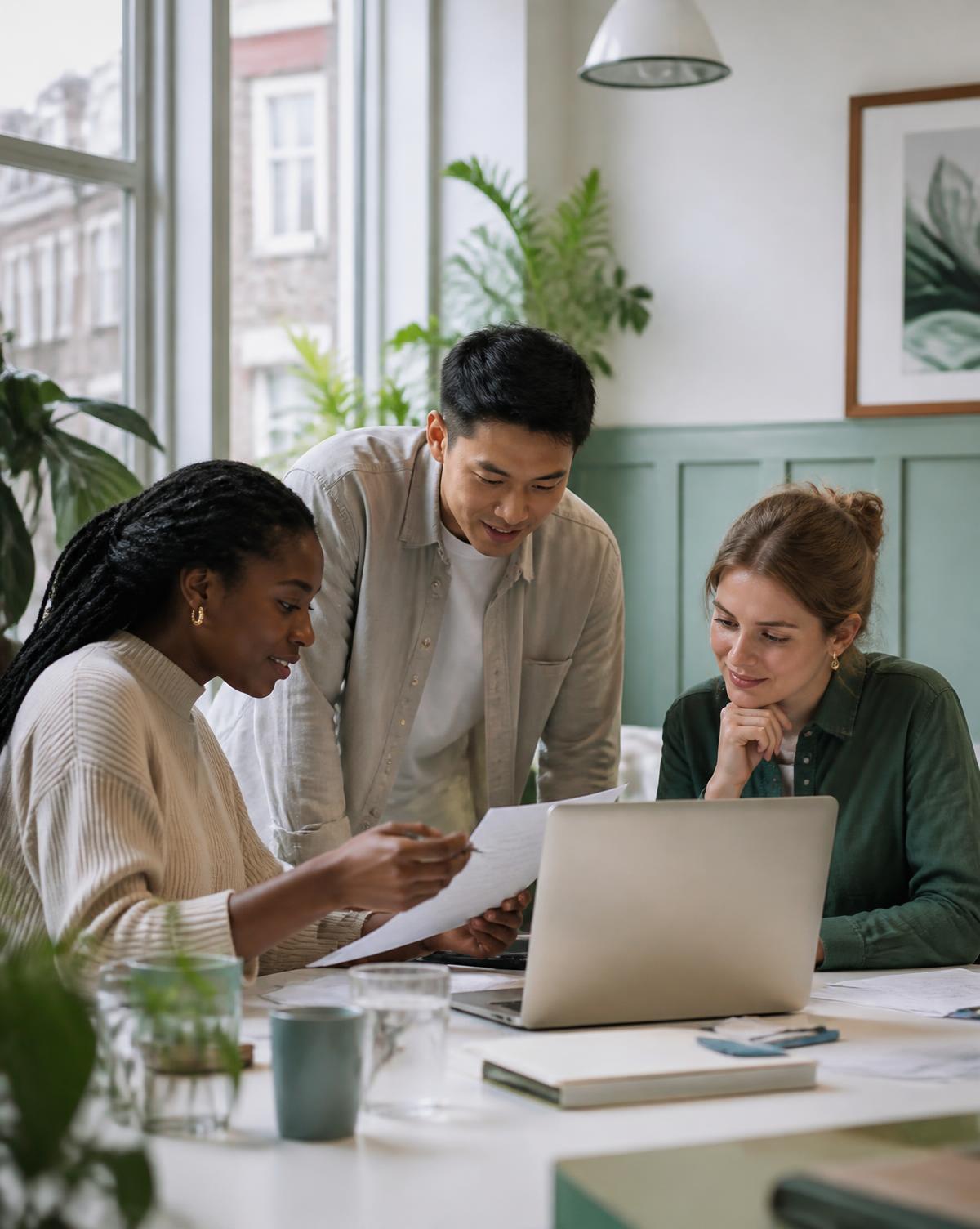 Localization specialists reviewing campaign copy together in a bright studio